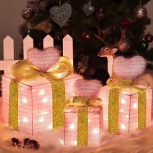 Pink Light-Up Gift Box Set – Heart Topper & Gold Ribbon Valentines Decor